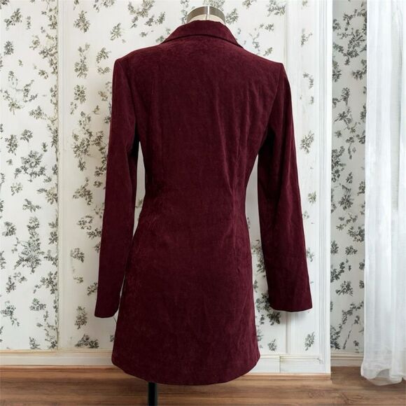 Katy Ireland Y2K Burgundy Fake Leather Faux Suede Velvet Trench Coat XS Blazer - Picture 2 of 5